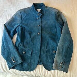 Retro Blue Leather Suede Military Style Button Up Women’s Jacket